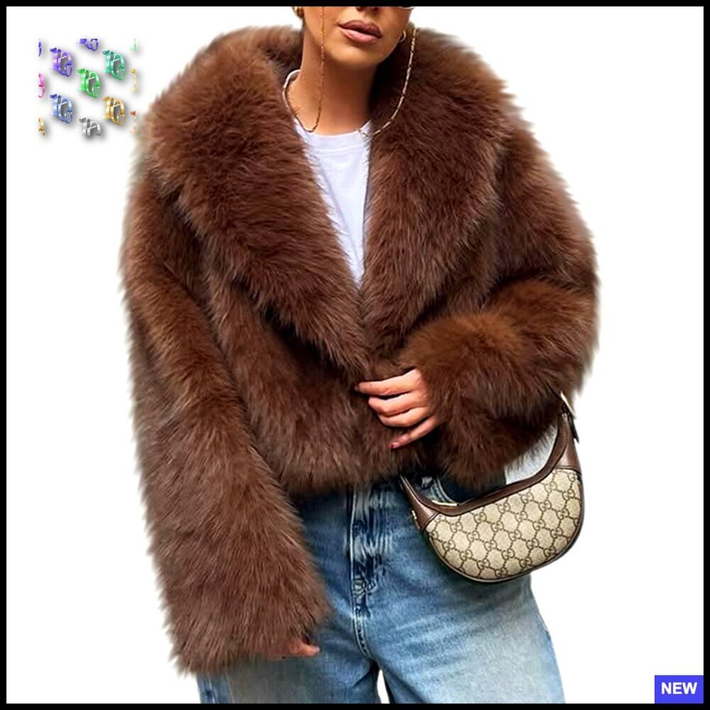 Fluffy Faux Fur Cropped Jacket Open Front Shawl Collar Winter Coat Chic - Picture 1 of 7
